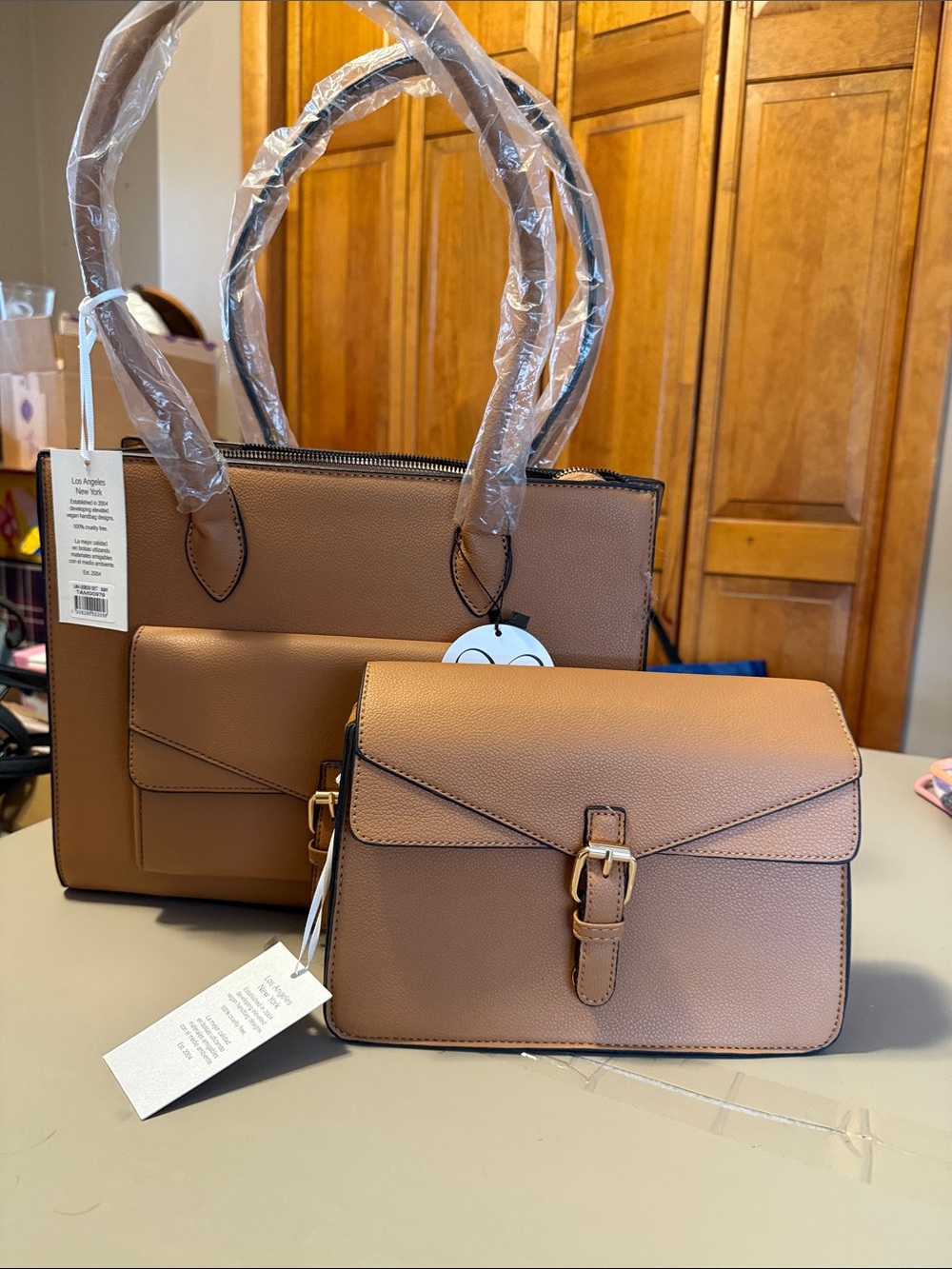 Women’s Two-Piece Tan Tote and Crossbody Bag Set